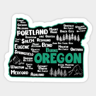 Cute map of Burns Oregon, Portland, Salem, Eugene, Springfield, Bend, Ontario, Medford Sticker